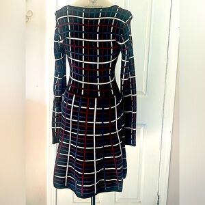 BCBG sweater dress . Size M .Black / blue / burgundy & white